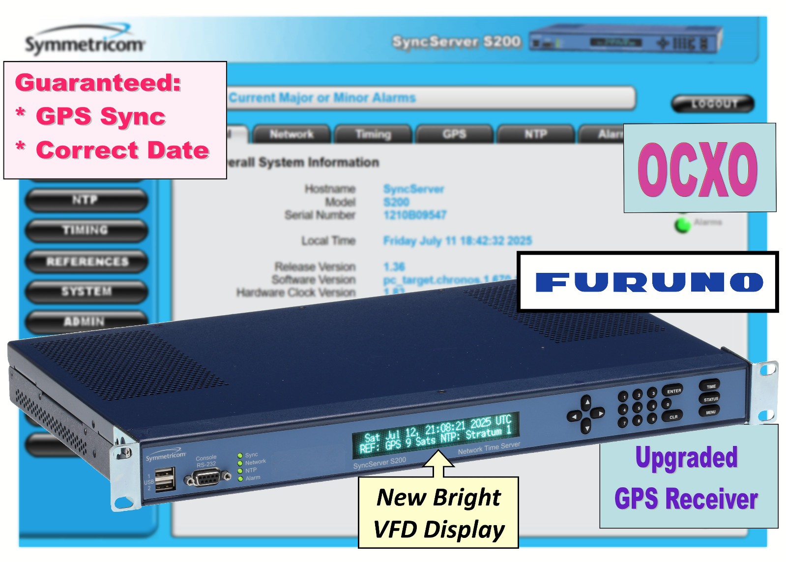 Symmetricom SyncServer S200 OCXO Furuno UPGRADED GPS NTP Network Time Server