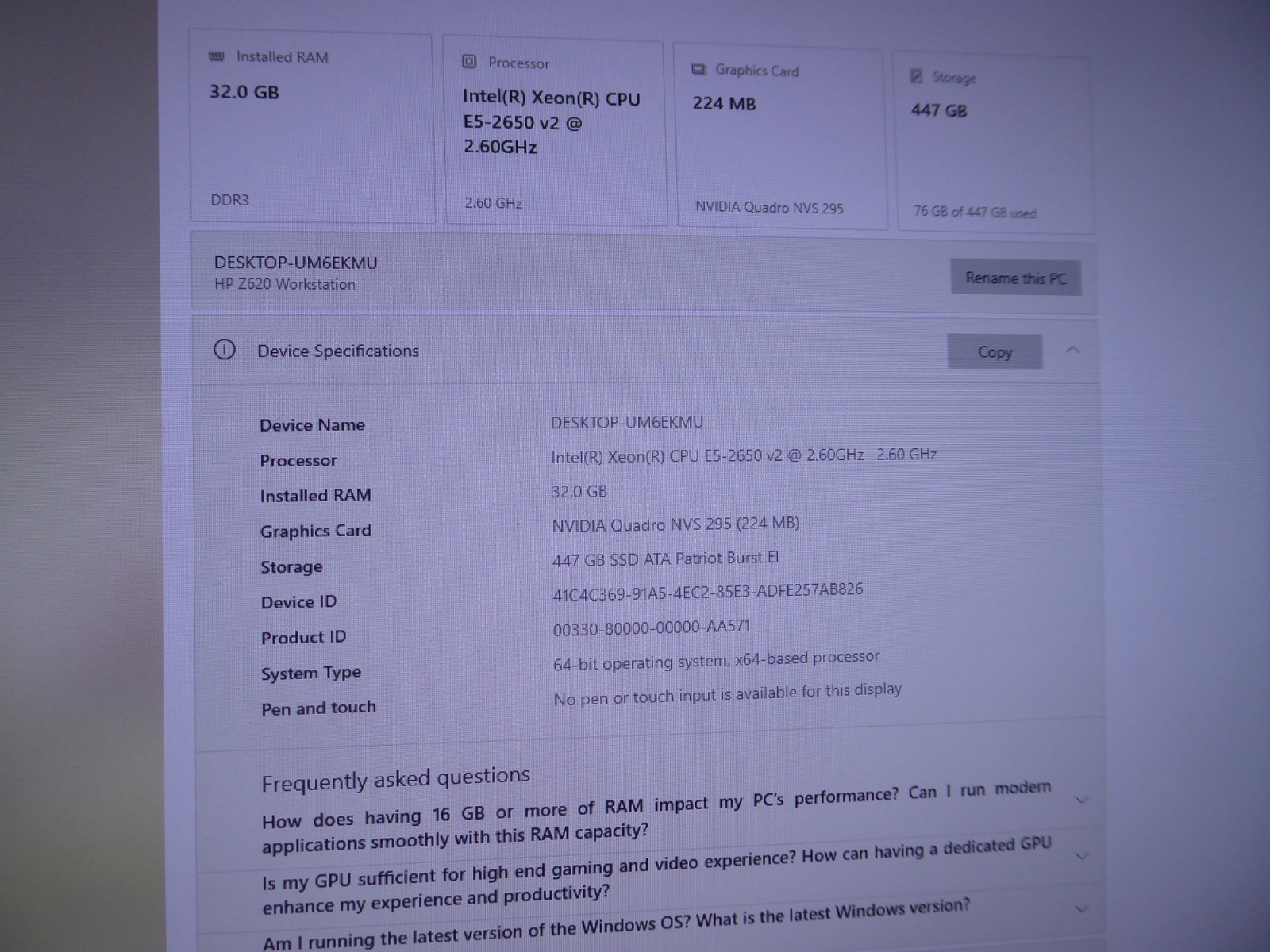 HP Z620 WORKSTATION SERVER XEON E5-2650 v2 2.6GHz 32GB 480GB SSD WIN 10 Pro