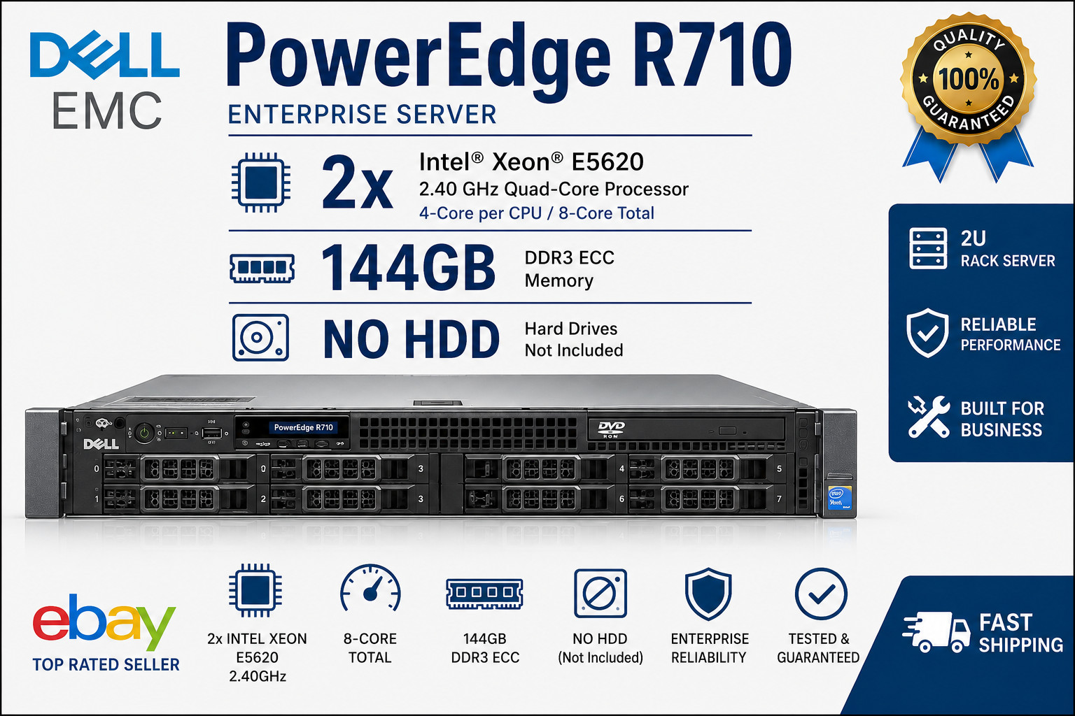🍀 Dell PowerEdge R710 Server 2x Xeon E5620 2.4 144GB 8-Core NO HDD w 8x Caddies