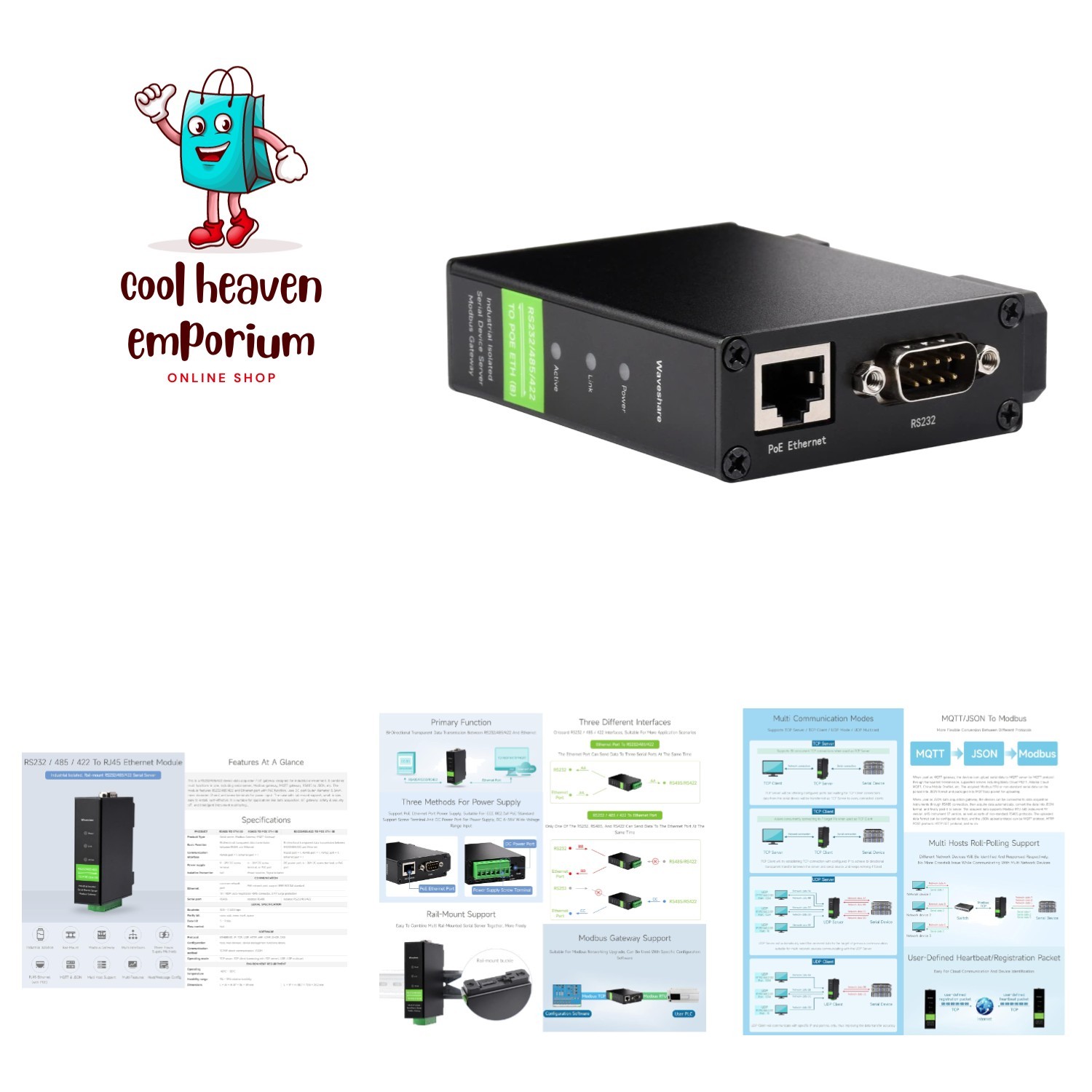 RS232/485/422 to RJ45 Ethernet Module, TCP/ to Serial, with POE Function, Bi-…