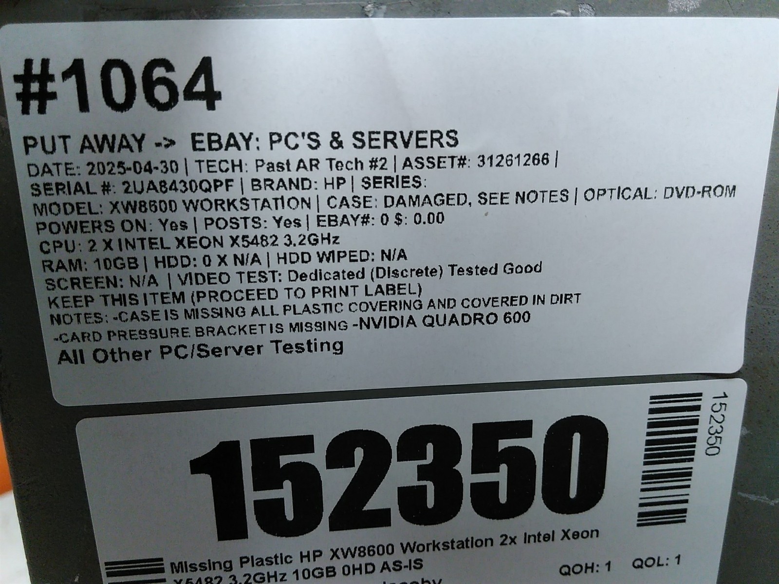Missing Plastic HP XW8600 Workstation 2x Intel Xeon X5482 3.2GHz 10GB 0HD