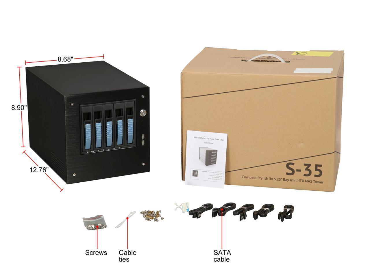 S-35-B5BL Black Aluminum / Steel Tower Compact Stylish 5 x 3.5″ Hotswap mini-ITX