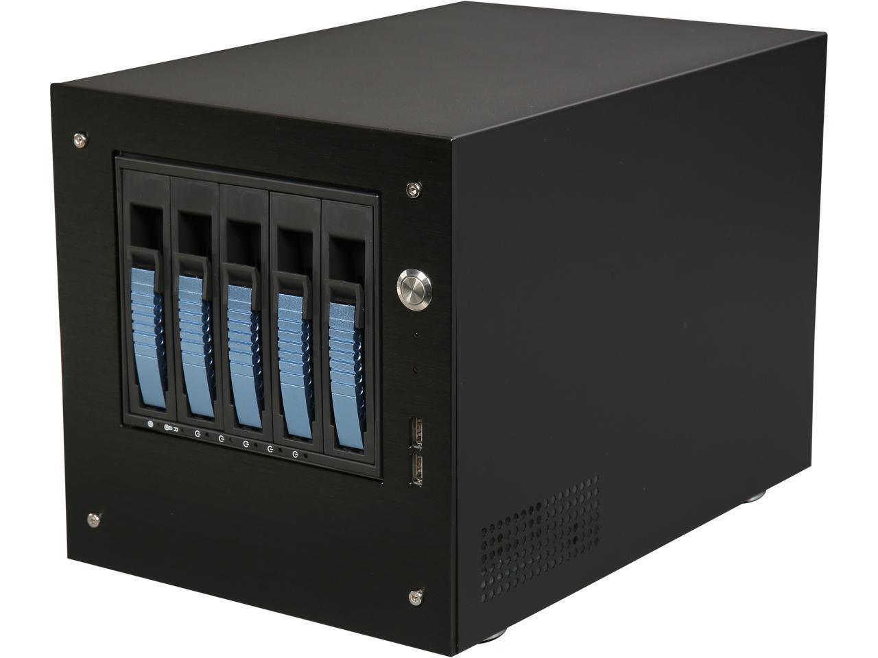 S-35-B5BL Black Aluminum / Steel Tower Compact Stylish 5 x 3.5″ Hotswap mini-ITX