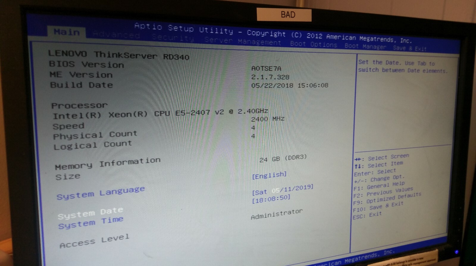 Lenovo ThinkServer RD340 Xeon E5-2407 v2 24GB(4x6GB) DDR3 ECC No O.S/HDD
