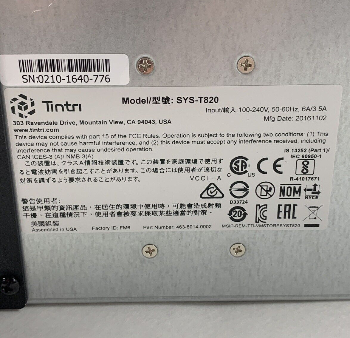Tintri SYS-T820 24x HDD Dual Controller Blade 1x E5-2420 2.2 GHz 32 GB No HDD/OS
