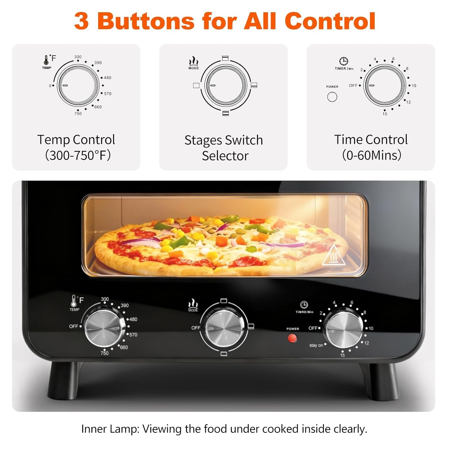 Pizza Oven Indoor 1600W Electric Pizza Oven 4 Modes Bottom Pizza Maker 12 Inches