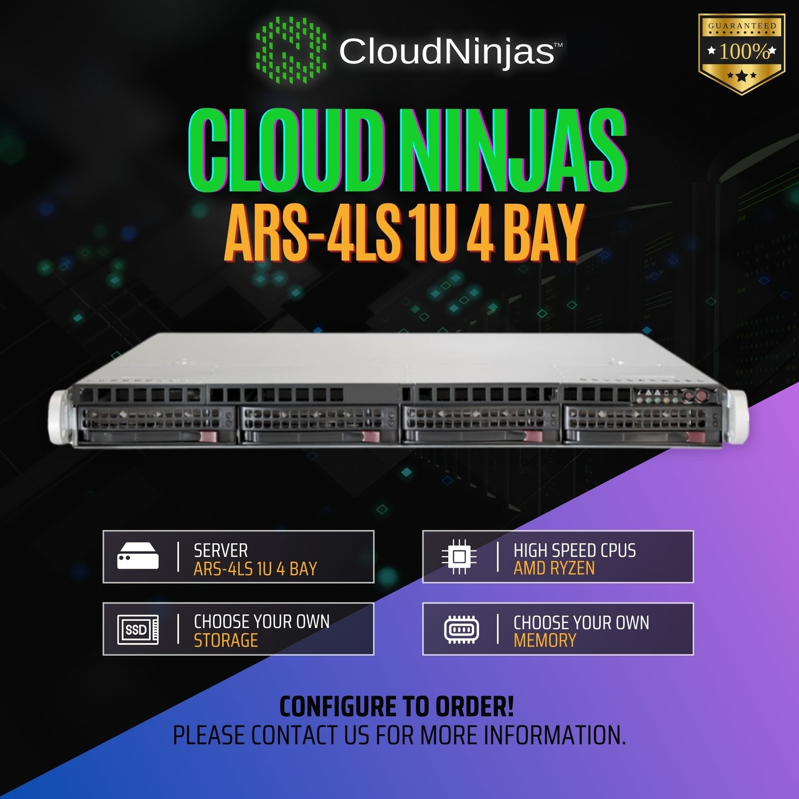 Cloud Ninjas ARS-4LS 1U 4 Bay Server AMD Ryzen 9 7950X3D 16 Core DDR5 NVMe M.2