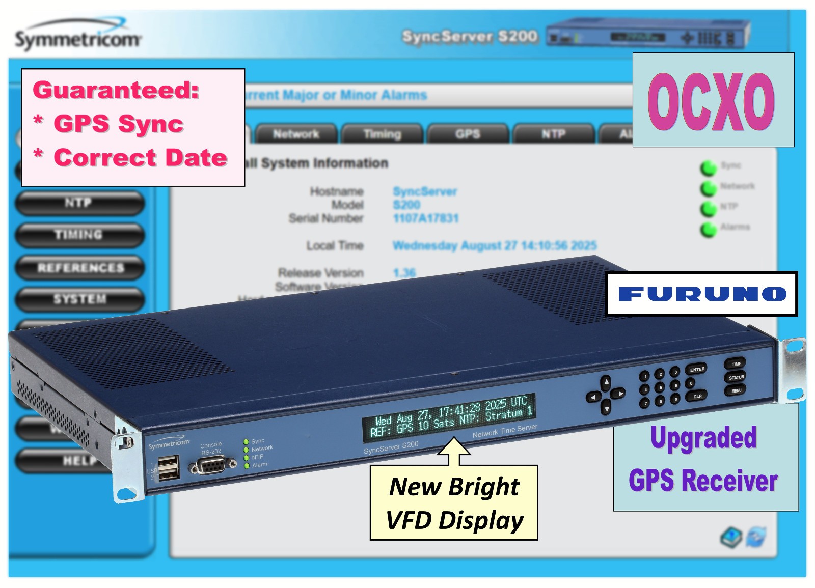 Symmetricom SyncServer S200 OCXO UPGRADED Furuno GPS NTP Network Time Server