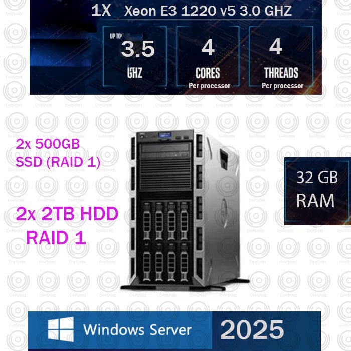 Dell PowerEdge T330 Tower Server 4 Core Xeon E5 32GB 4TB Window Server 2025