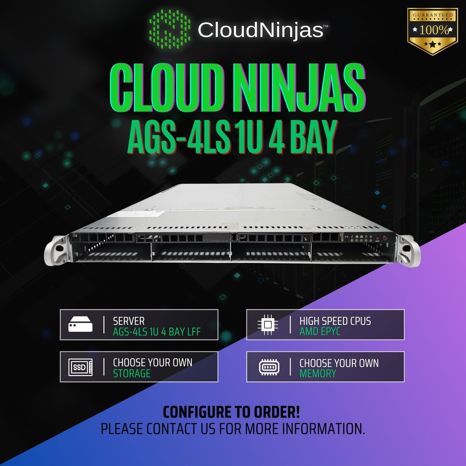 Cloud Ninjas AGS-4LS 1U 4 Bay Server AMD EPYC 9534 64 Core DDR5 ECC NVMe M.2