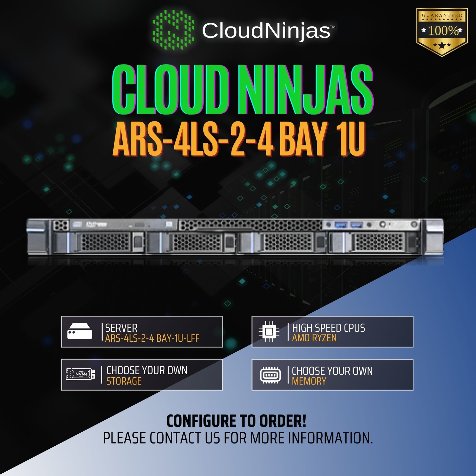 Cloud Ninjas ARS-4LS-2 4 Bay 1U Server AMD Ryzen 9 9950x 16 Core DDR5 ECC NVMe