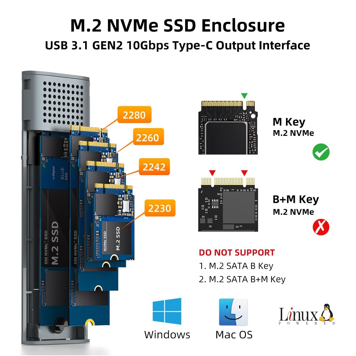 MAIWO M.2 NVMe SSD Enclosure, USB 3.1 GEN2 10Gbps Tool Free USB C to M.2 NVMe SS
