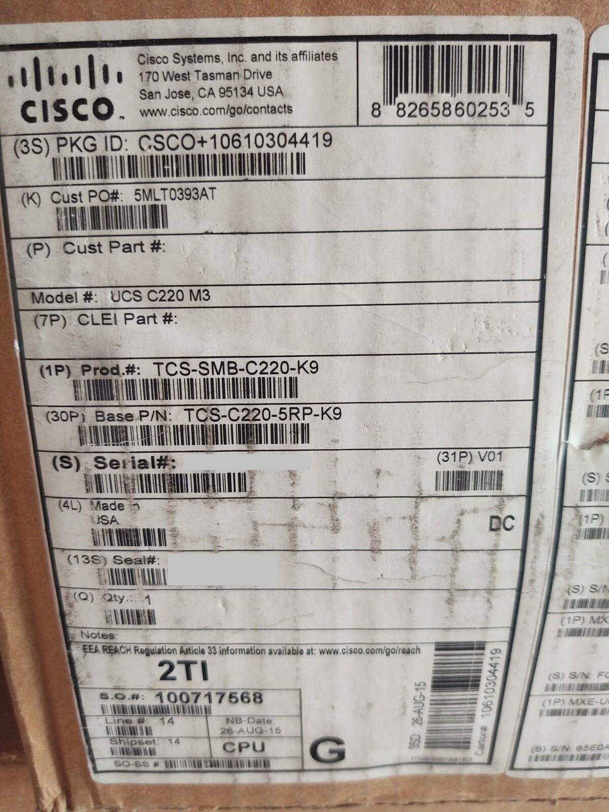 Cisco TCS-SMB-C220-K9 Server UCS-C220-M3 Dual Xeon E5-2640 32GB RAM 2x600GB HDD