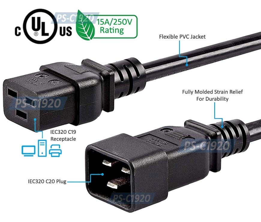 6FT Premium IEC320 C20 To C19 Heavy Duty C14 to C19 Power Cord 15A 125V 14AWG