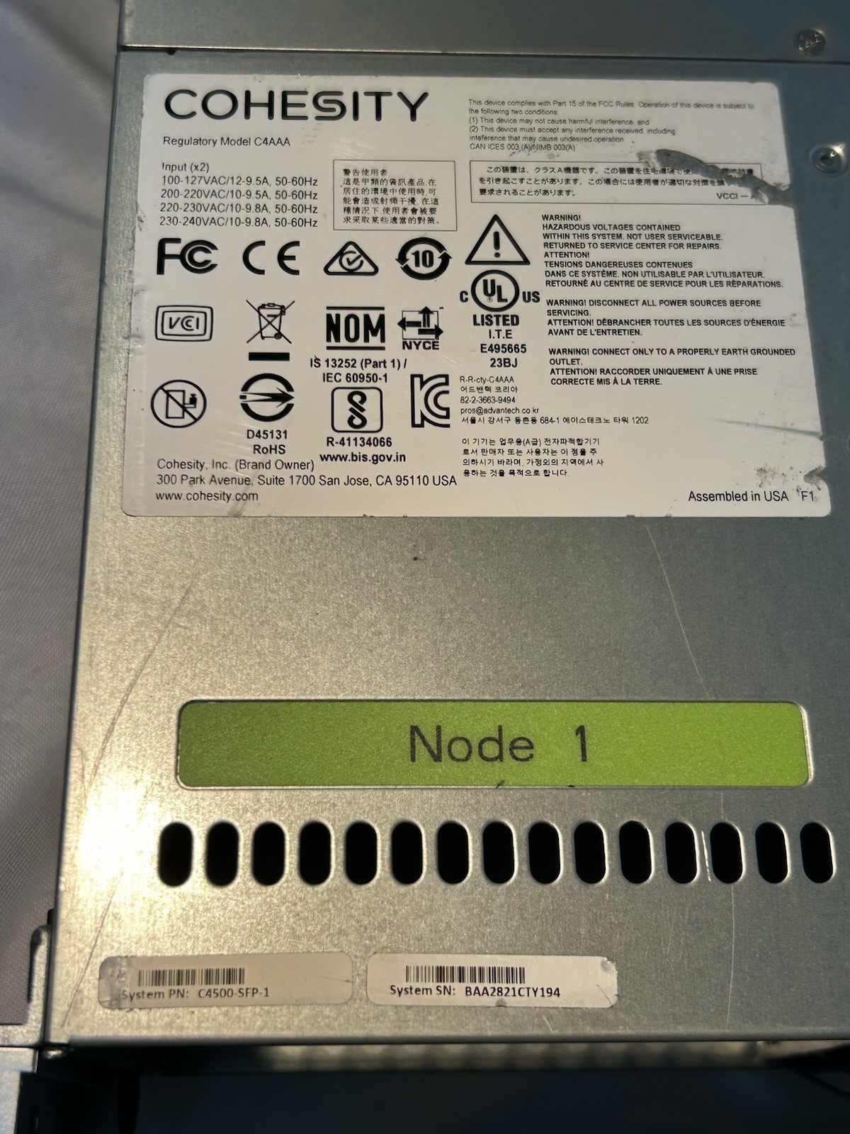 Cohesity C4500-SFP-1 w/1 Node 2x Silver 4208 CPUs No RAM No Drives – Dual AC PWR