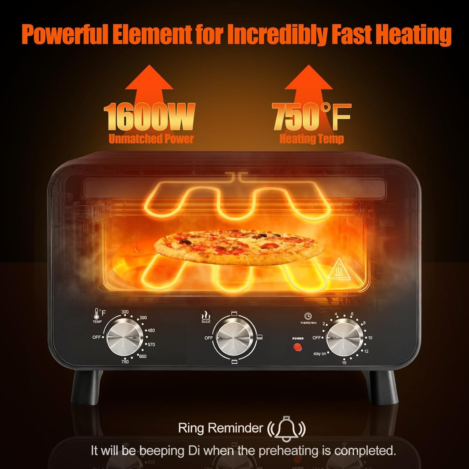 Pizza Oven Indoor 1600W Electric Pizza Oven 4 Modes Bottom Pizza Maker 12 Inches