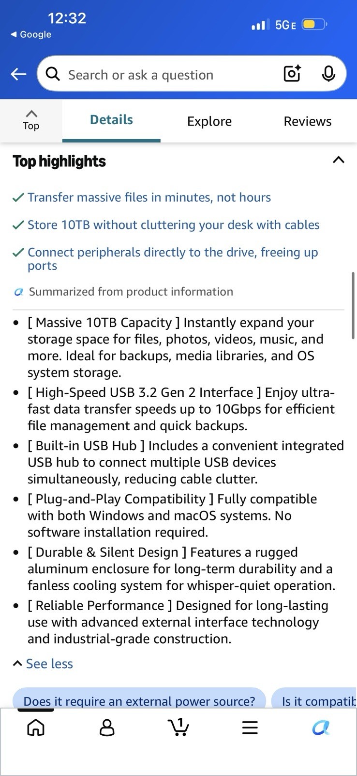 GX100 10Tb USB 3.2 Gen 2 10Gbps External Hard Drive with USB Hub for Windows