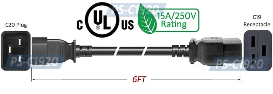 6FT Premium IEC320 C20 To C19 Heavy Duty C14 to C19 Power Cord 15A 125V 14AWG