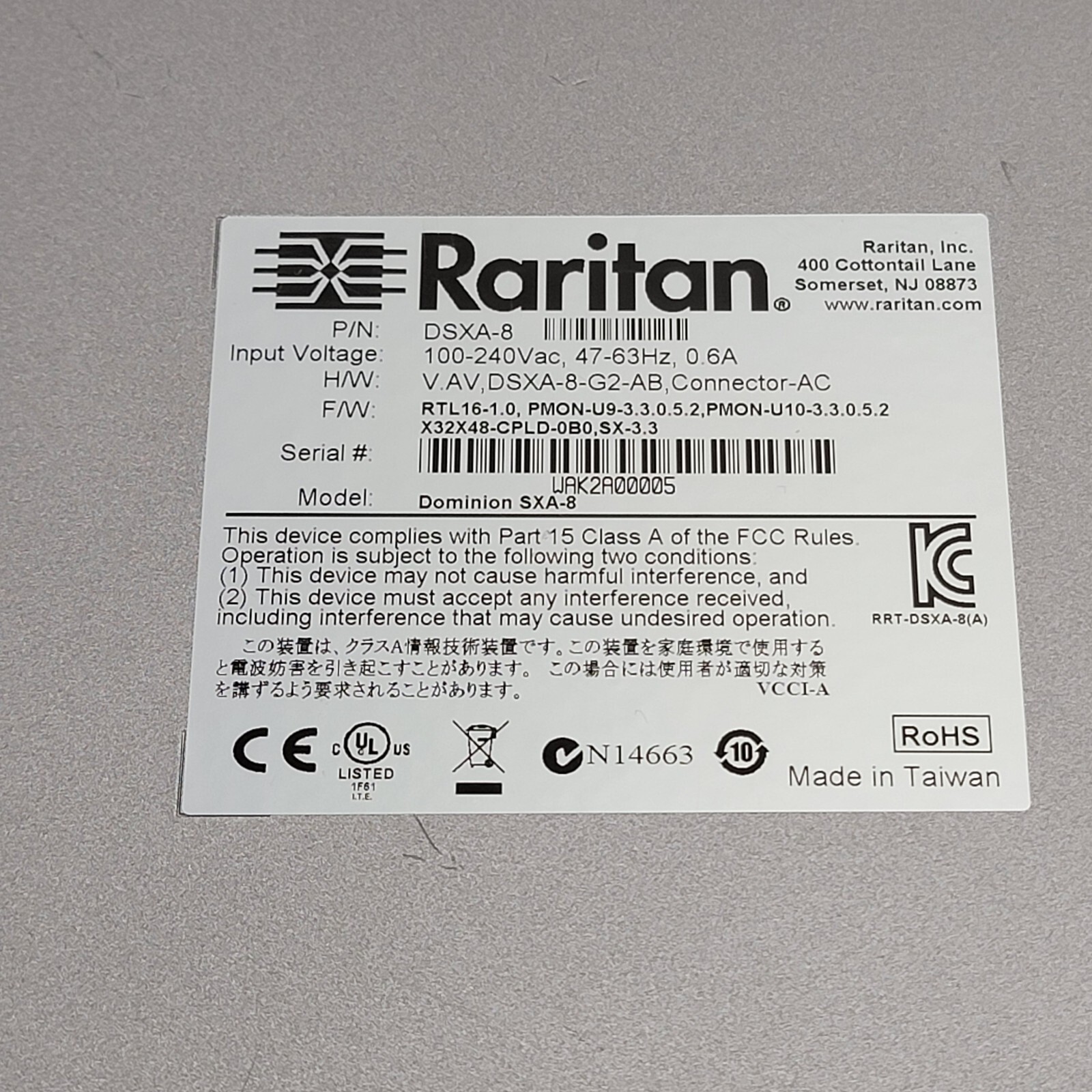 Raritan Dominion SX8 SXA-8 DSXA-8 Ethernet 8-Port IT Network Console Server