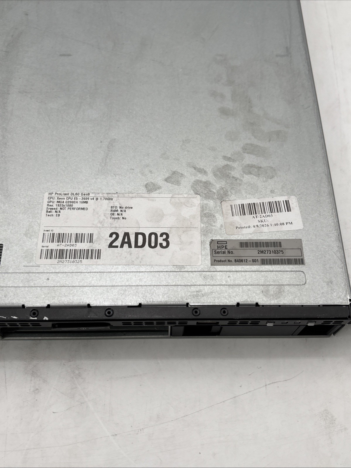 HP ProLiant DL60 Gen9 4×3.5″ Server – Xeon E5-2609 1.70GHz – NO RAM NO HDD