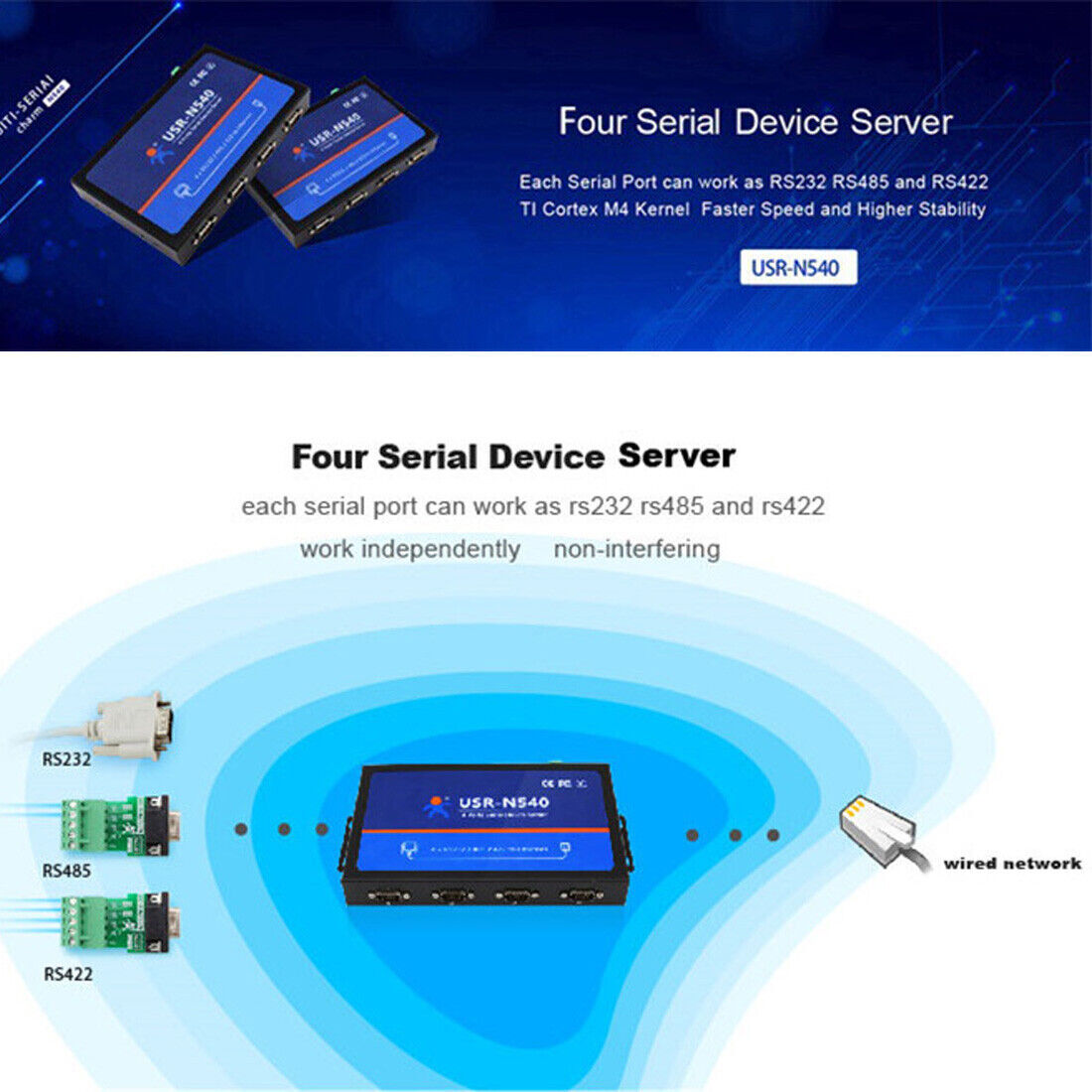 USR-N540 RS232 Serial Converter 4 Ports Serial RS232 RS485 RS422 To Lan Ethernet