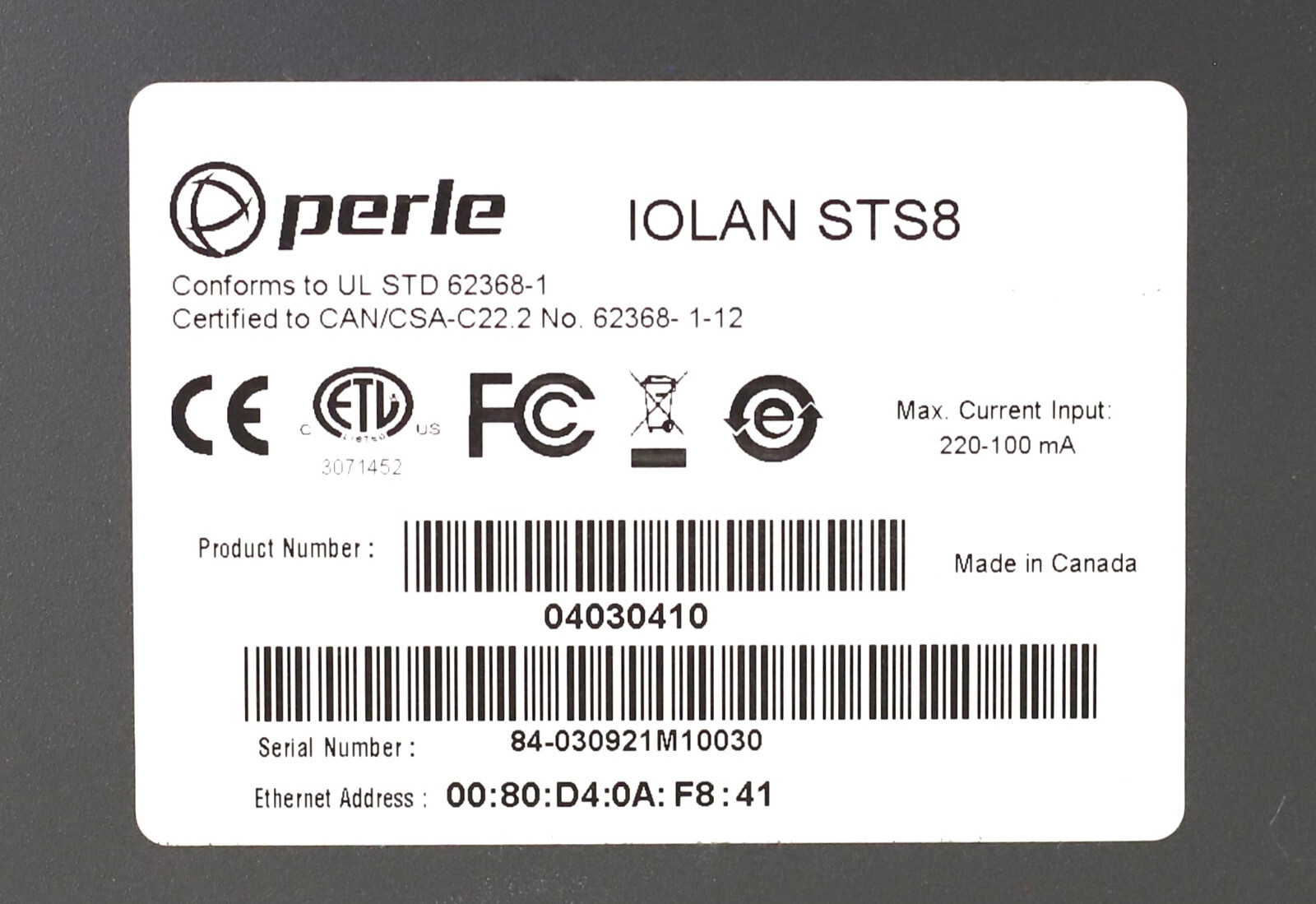 Perle IOLAN STS8 8-Port Ethernet Secure Terminal Server With Ears P/N: 04030410