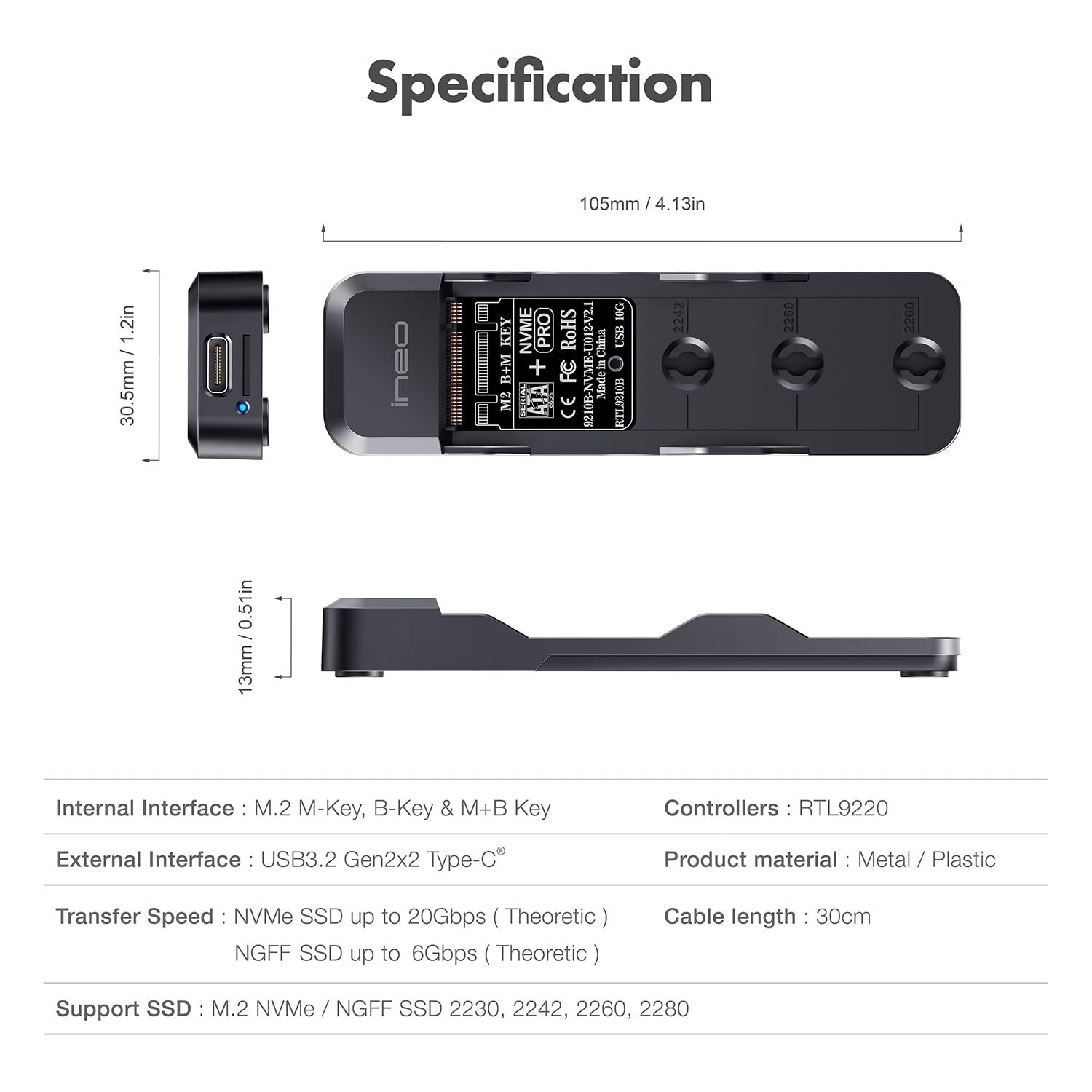 ineo M.2 NVMe & SATA to USB C 20Gbps Docking Station for M Key, B+M Key Suppo…