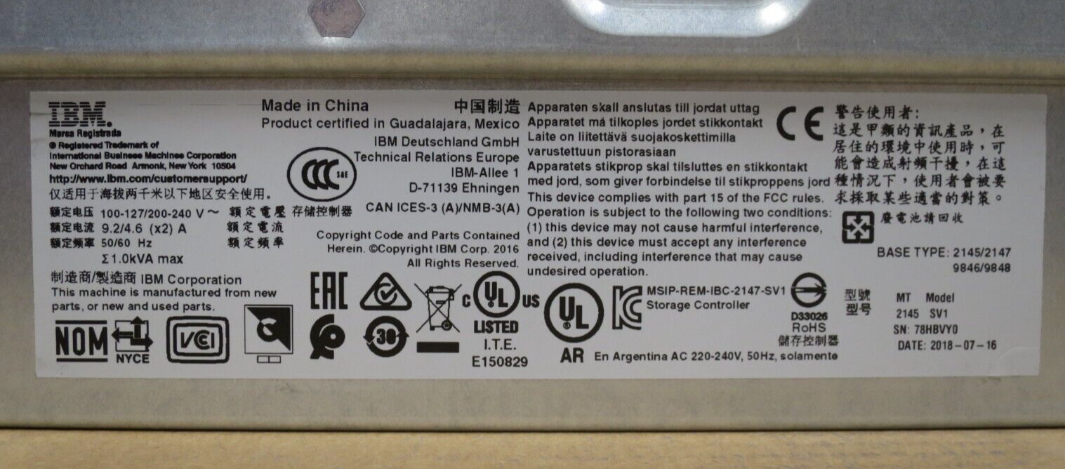 IBM 2145-SV1 SAN Volume Controller 128GB 2x E5-2667v4 8×2.5″ Bay 480GB 2U Server