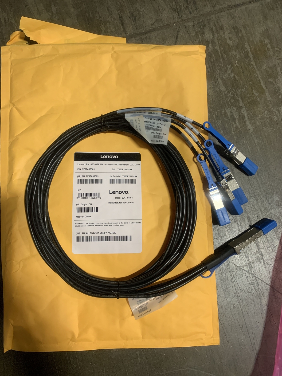 3M 100G QSFP28 TO 4X25G SFP28 BREAKOUT DAC CABLE 7Z57A03565-01-CT