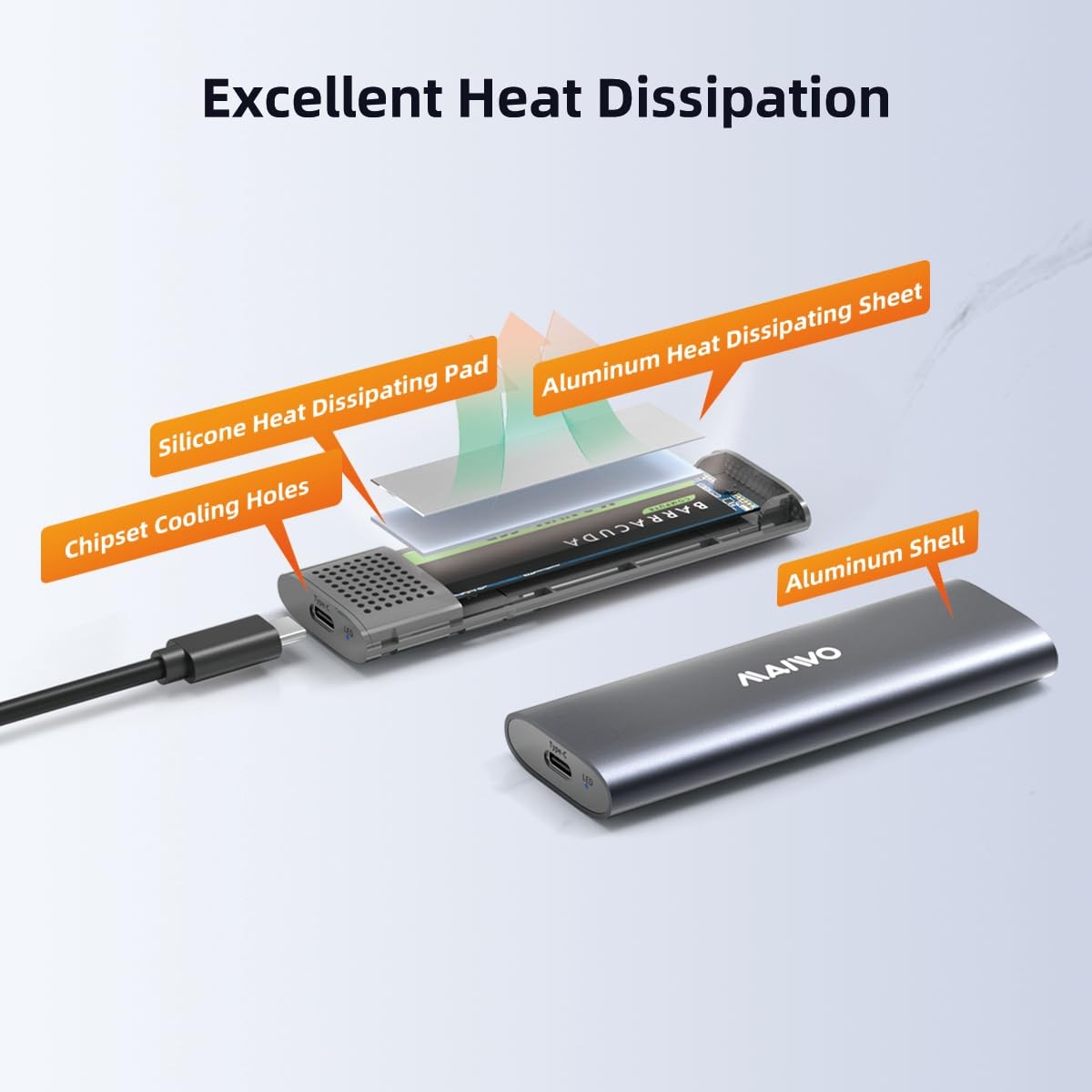 MAIWO M.2 NVMe SSD Enclosure, USB 3.1 GEN2 10Gbps Tool Free USB C to M.2 NVMe SS