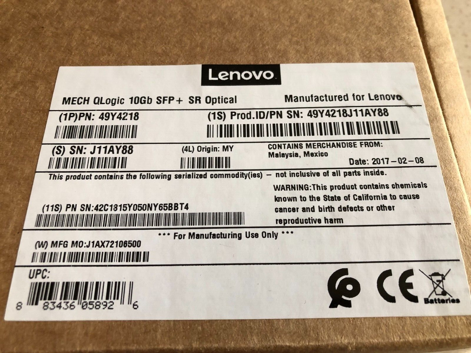 Lenovo QLogic 10GB SFP + SR OPTICAL TRANCEIVER MODULE 49Y4218J11AY86