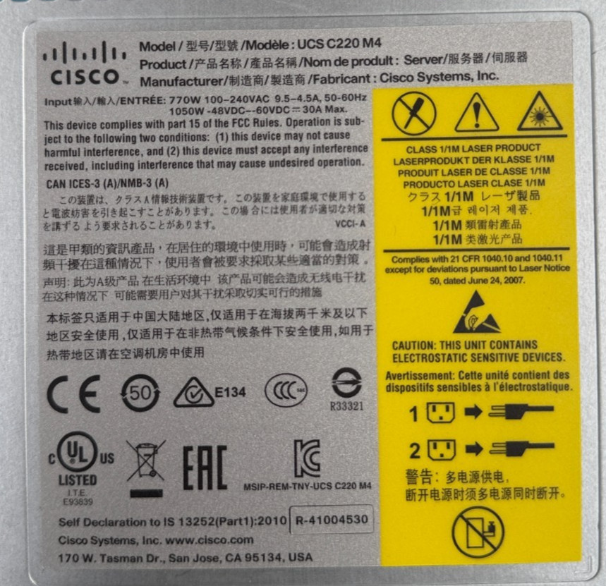 Cisco UCS C220 M4 Server |2 x Xeon E5-2609 V3 @1.9Ghz|16GB | No HDD | 2x PSU