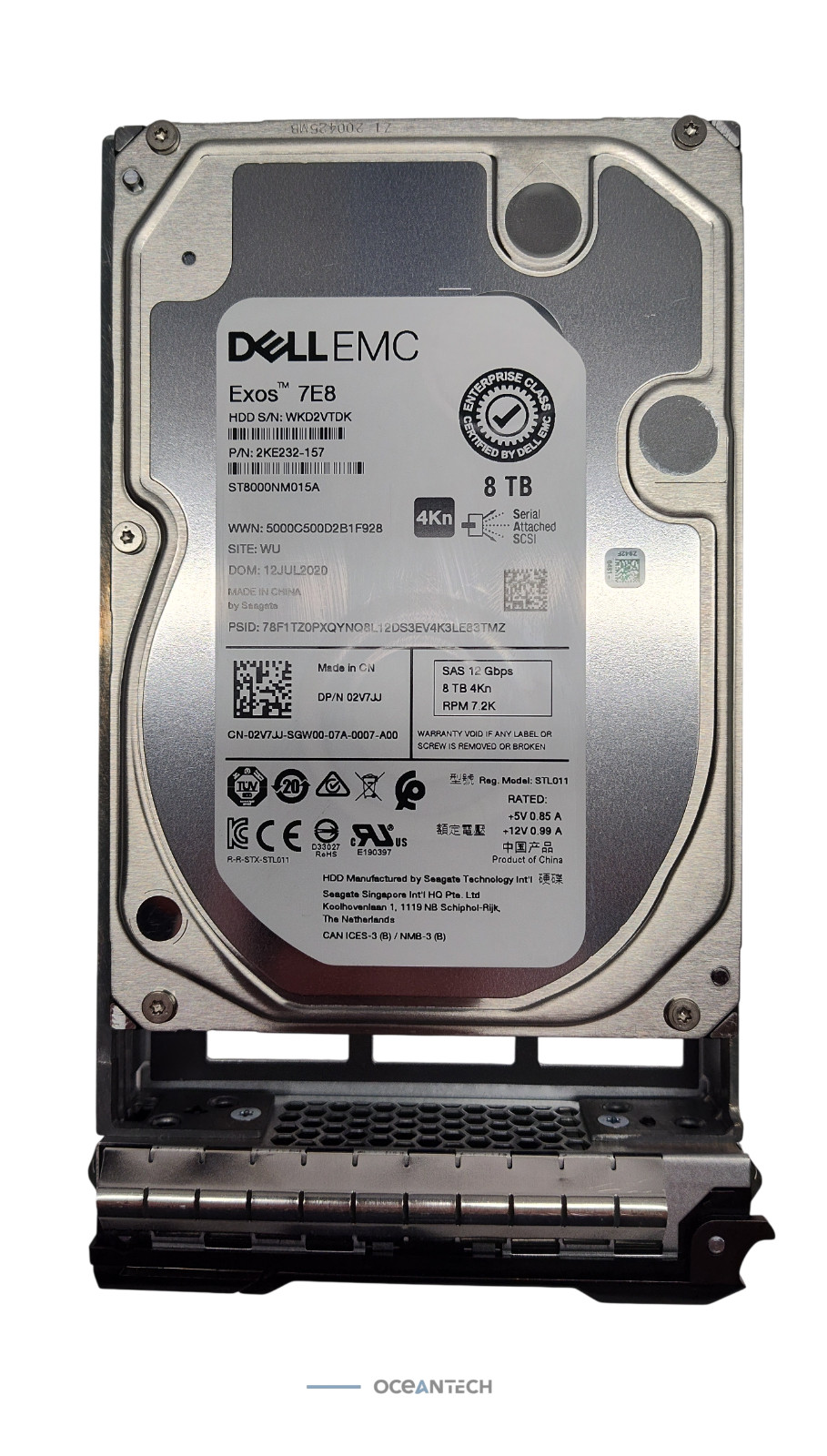 Dell Seagate EMC Exos 7E8 ST8000NM015A 02V7JJ 8TB 7200RPM 3.5″ SAS HD W/Tray