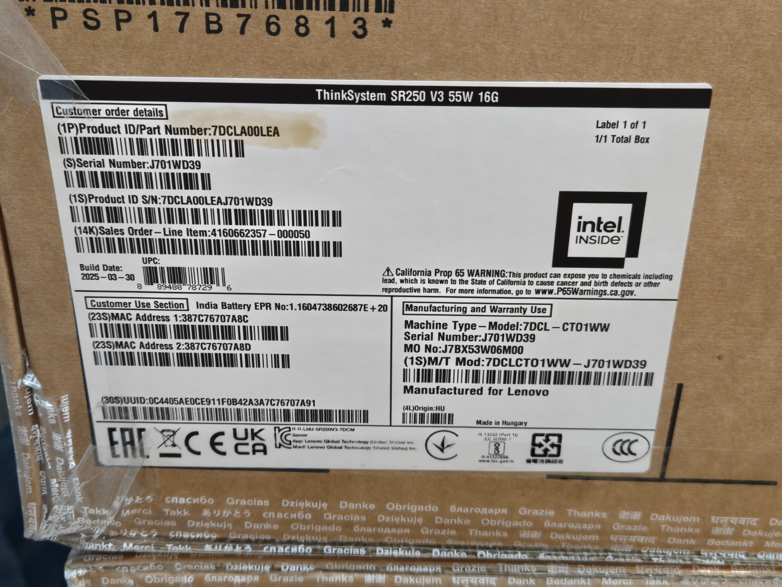 Lenovo ThinkSystem SR250 V3 7DCLA00-LEA w/ E-2434 4C 3.4GHz CPU, 16GB – NEW!