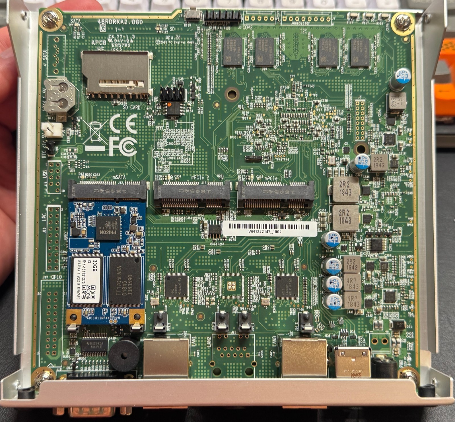 PC Engines apu2d0 with enclosure, power, and SSD
