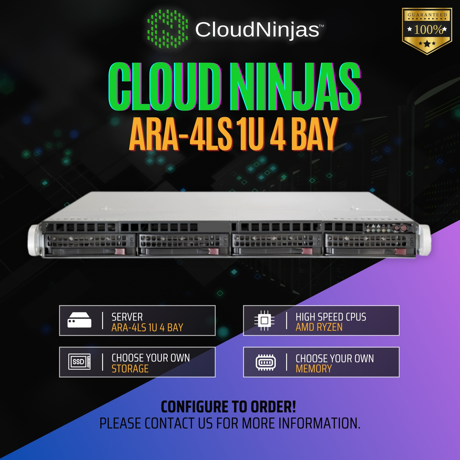 Cloud Ninjas ARA-4LS 1U 4 Bay Server AMD Ryzen 9 7900X 12 Core DDR5 ECC NVMe SSD