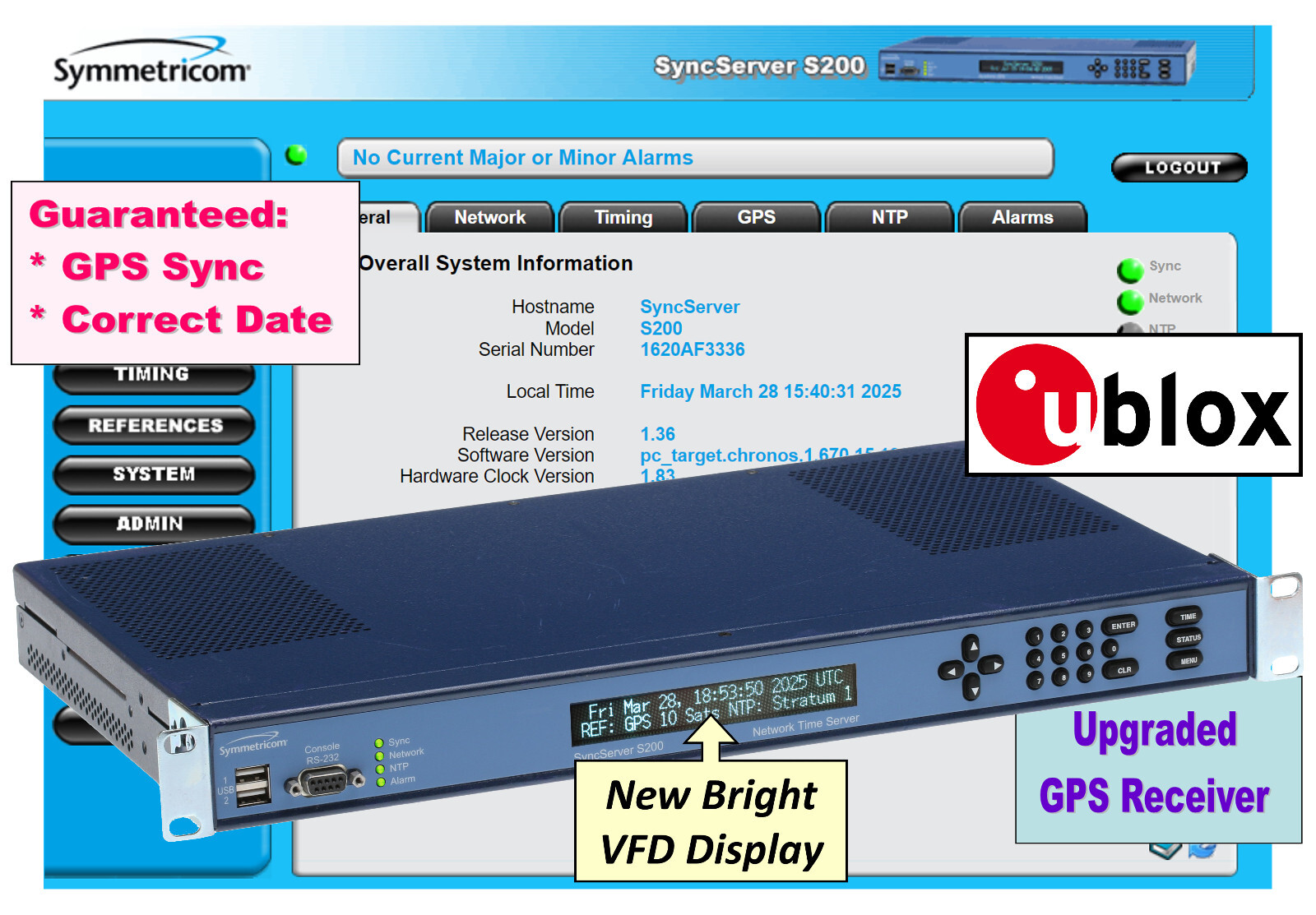 Symmetricom SyncServer S200 ublox UPGRADED GPS NTP Server Network Time Clock