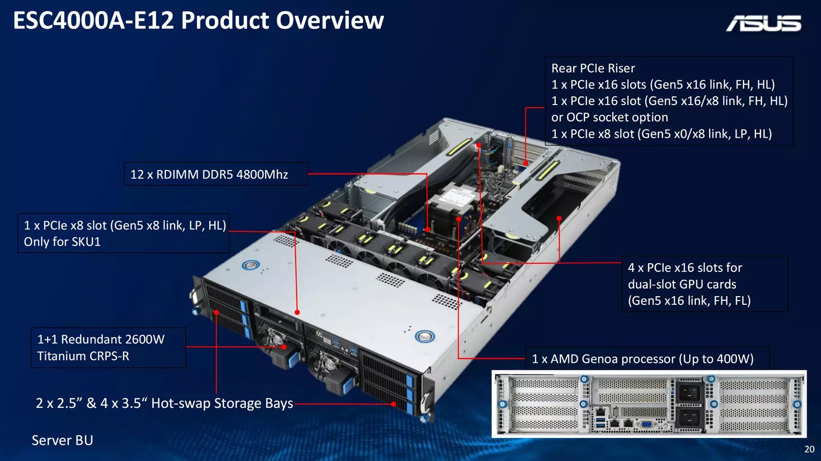 ASUS ESC4000A-E12 Server 2U 4 GPU 8 PCIe 5.0 x16 slots for AMD EPYC 9004 CPU-