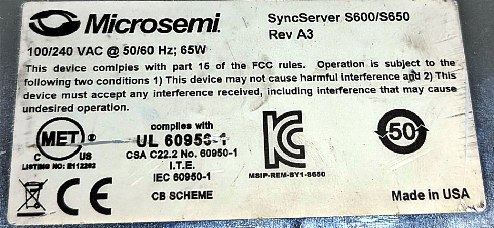 Microsemi SyncServer S600 Network Time Server 090-15200-601