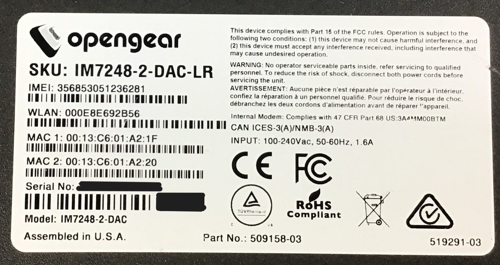Opengear IM7248-2-DAC-LR 48 port Console server Dual AC Cellular Rest of World