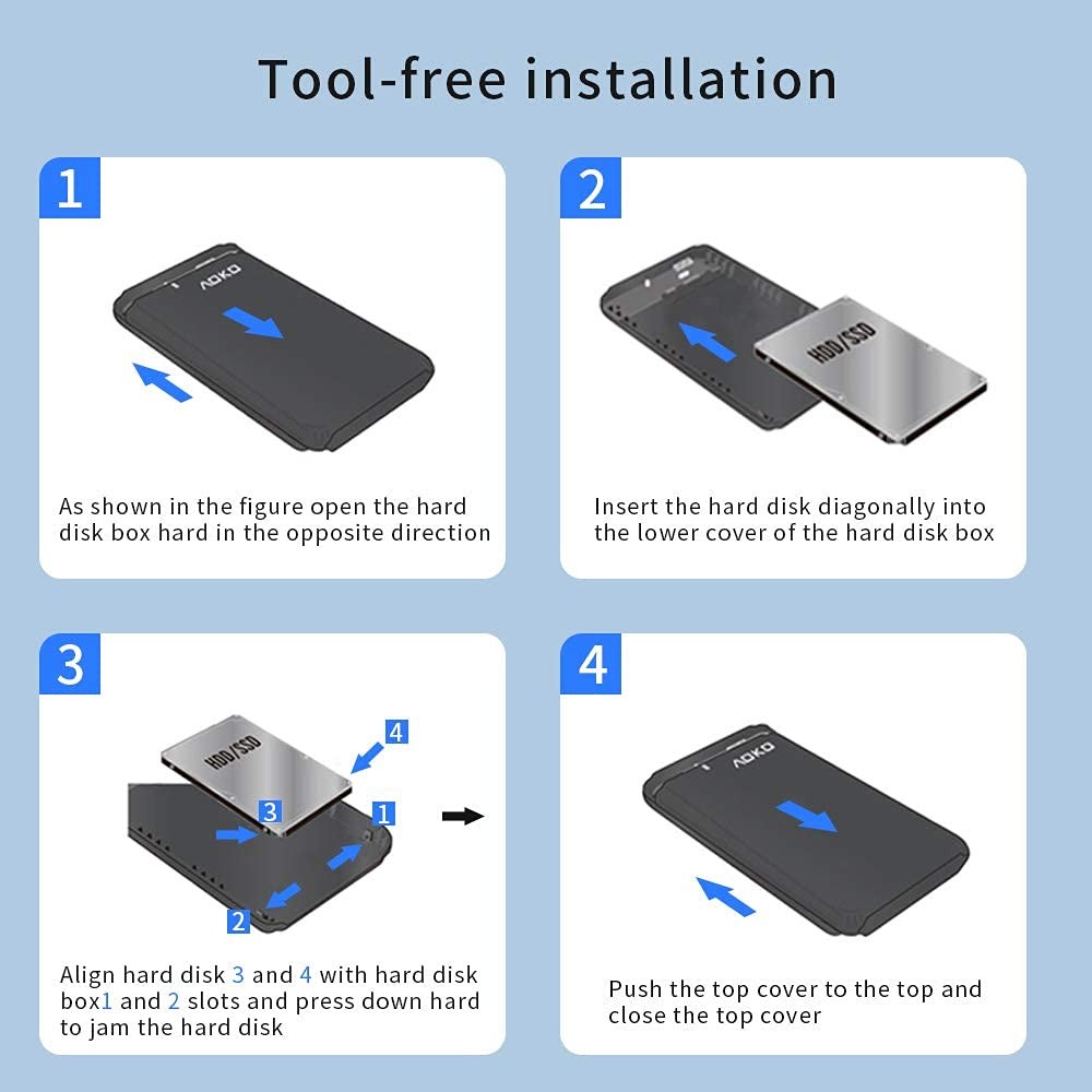 AOKO USB C 3.1 to 2.5-inch 7mm 15mm SATA Hard Drive plastic & 7-15mm